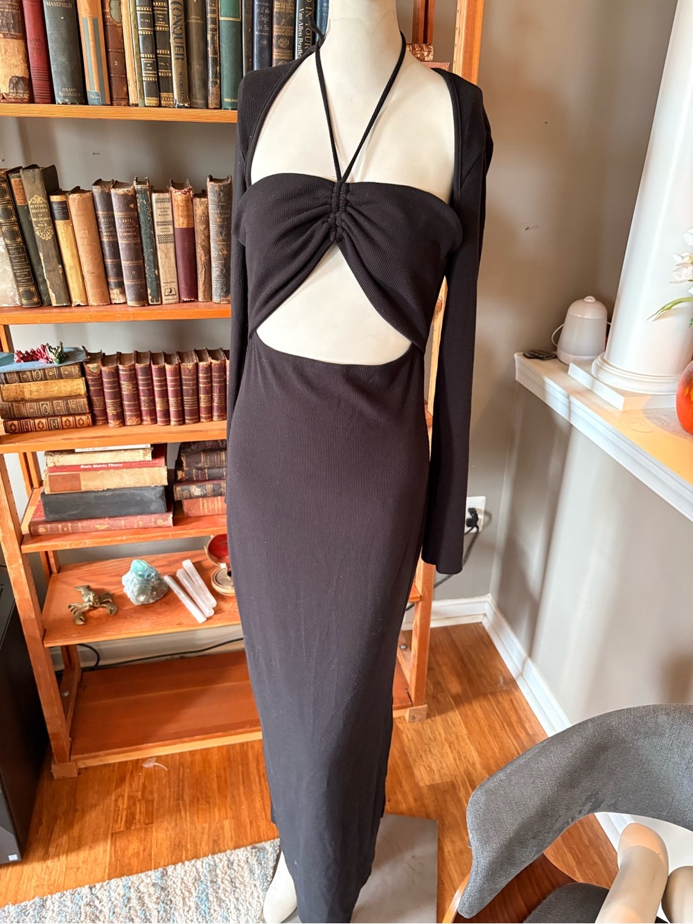 FORE Black Halter Cutout Maxi Dress with Long Sleeve Bolero